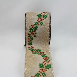 Wired Edge Glitter Christmas Holly Garland on Jute Ribbon 63mmx9.1m