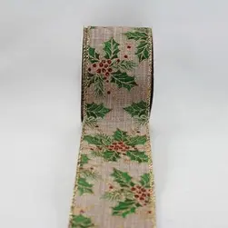 Gold Wired Edge Glitter Christmas Holly & Pine on Jute Ribbon 63mmx9.1m