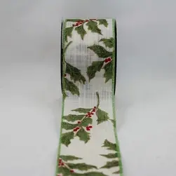 Green Wired Edge Glitter Christmas Holly Sprays on Cream Jute Ribbon 63mmx9.1m