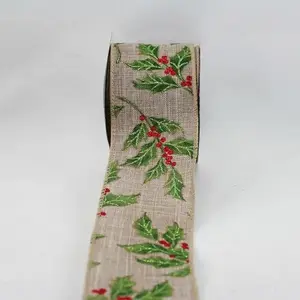 Wired Edge Glitter Christmas Holly Sprays on Light Jute Ribbon 63mmx9.1m