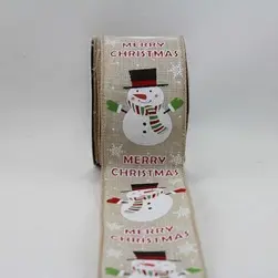 Wired Edge Merry Christmas & Iridescent Glitter Snowman on Jute Ribbon 63mmx9.1m