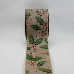 Wired Edge Gold Glitter Leaf & Christmas Holly on Jute Ribbon 63mmx9.1m