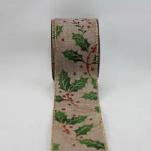 Wired Edge Gold Glitter Leaf & Christmas Holly on Jute Ribbon 63mmx9.1m