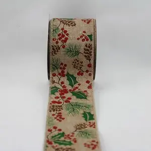 Wired Edge Gold Glitter Christmas Pine Cones/Holly/Berries on Jute Ribbon 63mmx9.1m