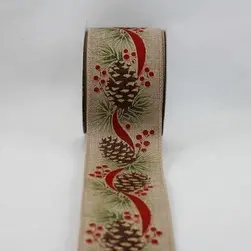 Wired Edge Gold Christmas Pine Cones/Berries/Ribbon on Jute Ribbon 63mmx9.1m