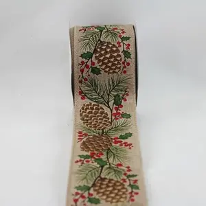 Wired Edge Christmas Pine Cones/glitter Berries on Jute Ribbon 63mmx9.1m