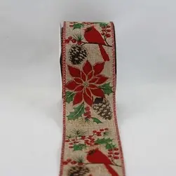 Wired Edge Red Glitter Poinsettias/Cardinals on Jute Ribbon 63mmx9.1m