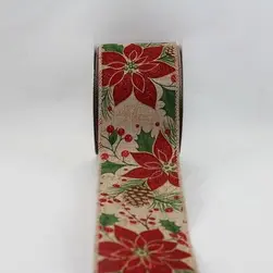 Wired Edge Red Glitter Christmas Poinsettias/Pine Cones on Jute Ribbon 63mmx9.1m