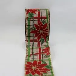 Wired Edge Red Glitter Christmas Poinsettias/Check Background on Jute Ribbon 63mmx9.1m