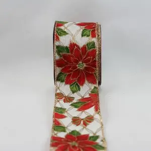 Wired Edge Red Glitter Christmas Poinsettias/Bows on Cream Jute Ribbon 63mmx9.1m