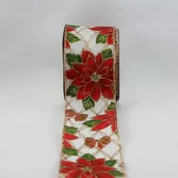 Wired Edge Red Glitter Christmas Poinsettias/Bows on Cream Jute Ribbon 63mmx9.1m