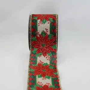 Wired Edge Red Glitter Christmas Poinsettias/Tartan Border on Jute Ribbon 63mmx9.1m