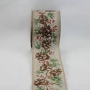 Wired Edge Gold Glitter Pine Cones/Berries w/Snow on Jute Ribbon 63mmx9.1m