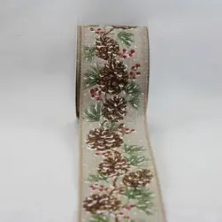 Wired Edge Gold Glitter Pine Cones/Berries w/Snow on Jute Ribbon 63mmx9.1m