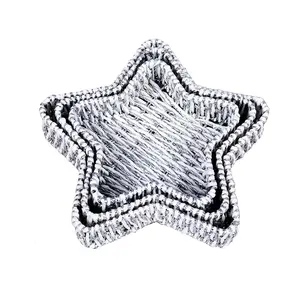 Set of 3 Star Shape Paper Rope Tray White/Silver