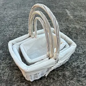 SET OF 3 RECTANGLE WHITE WILLOW BASKETS WITH WHITE LINER 40x30x18cmh