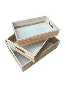 SET OF THREE RECTANGLE WOOD TRAYS FIRE