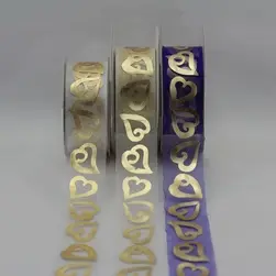 Cut edge organza ribbon with gold hearts 25mmx25m 