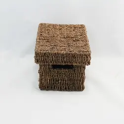 Extra Small Rect Seagrass Storage Basket with Lid Chocolate 25.5x17.5x14.5cm height