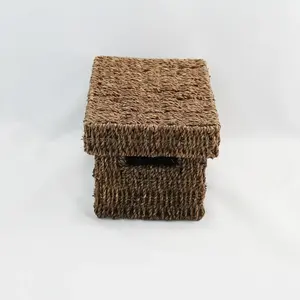 Extra Small Rect Seagrass Storage Basket with Lid Chocolate 25.5x17.5x14.5cm height