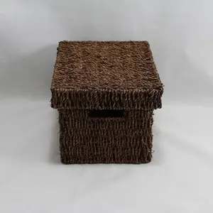 Small Rect Seagrass Storage Basket with Lid Chocolate 31.5x23x17cm height