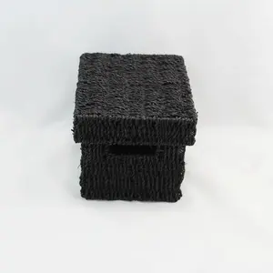 Small Rect Seagrass Storage Basket with Lid Black 31.5x23x17cm  height