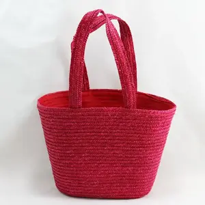 Straw Beach Bag With Material Liner Hot Pink