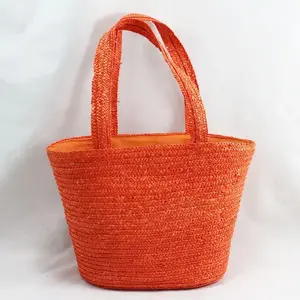 Straw Beach Bag With Material Liner Orange