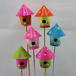 Small Tin Bird House On Pick Pkt 6