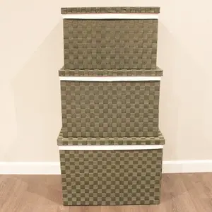 Set Of Three Rect PP Chests Olive With White Liners