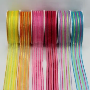 Wired Edge Organza Ribbon With Stripes 25mm x 20m