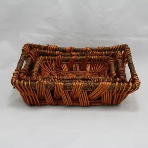 Set Of 3 Rect. Willow/Seagrass Trays Honey 45x33x13cm